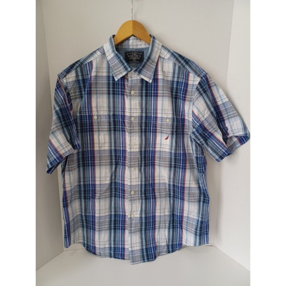 Vintage Nautica Shirt Mens Size XL Blue Plaid Button Front Half Sleeve‎ Casual - Picture 1 of 9